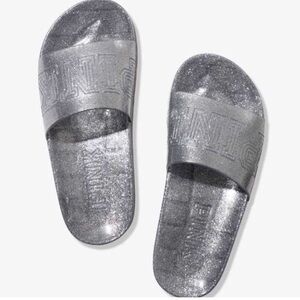 Victoria's Secret PINK Glitter Jelly Slides Sz 9-10 Large Gray Slip On Flip Flop